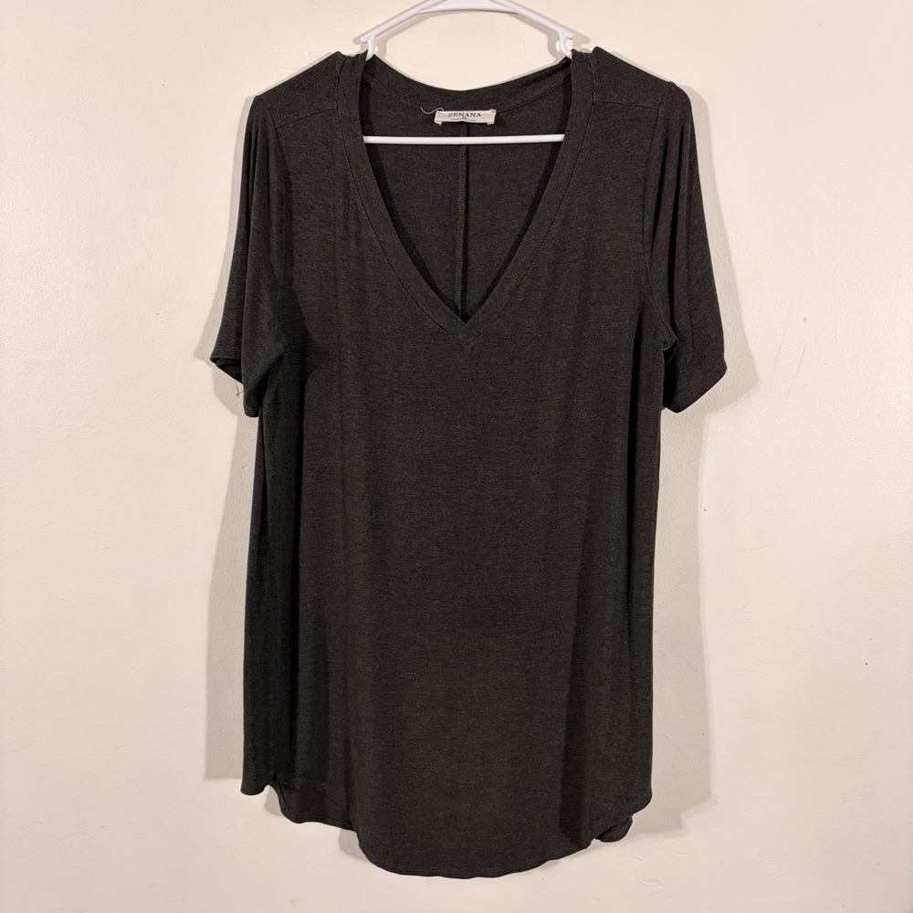Zenana Tunic Top Womens Medium Charcoal Grey  V-Neck Short Sleeve Basic